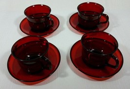 Vintage Arcoroc Classique Ruby Red Glass Cup and Saucer Set of Four - £20.77 GBP