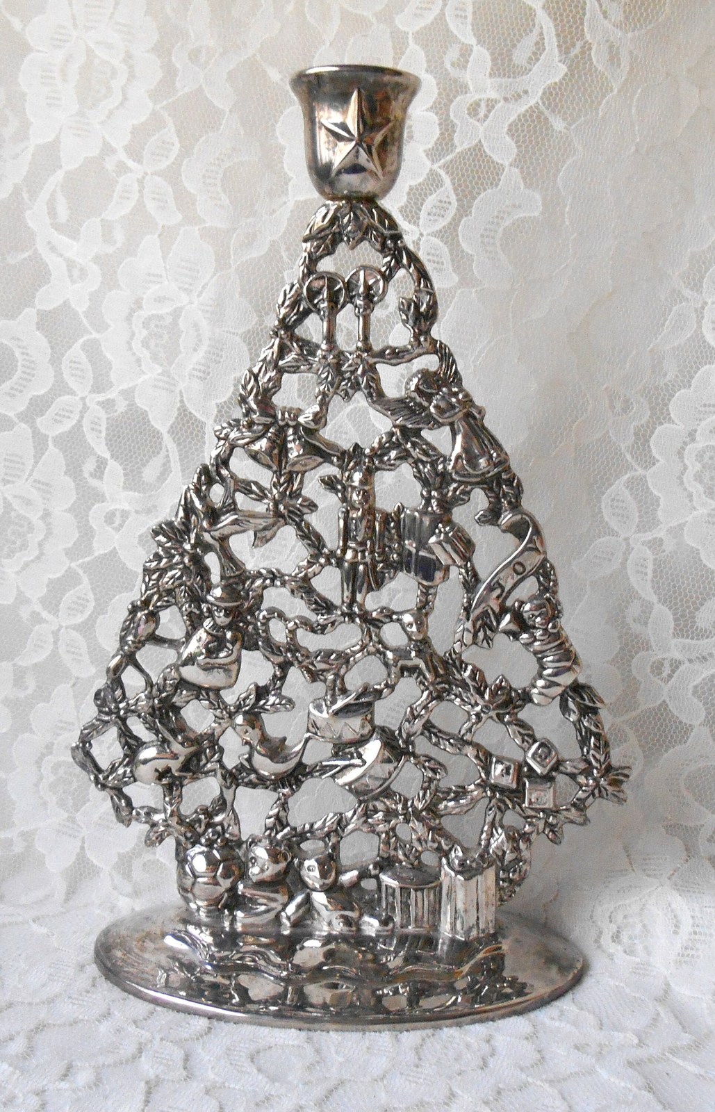 Primary image for Vintage Candle Holder Godinger Silverplate Christmas Tree Silverplate Bears Toys