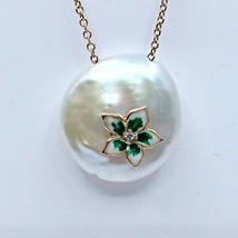 Women&#39;s Necklace 14k Rose Gold Mother of Pearl Flower Enamel White Sapphire - - £596.16 GBP