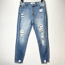 Kancan Jeans Women 9 28 Skinny Blue Denim Button Fly Distress Animal Print Patch - $23.99