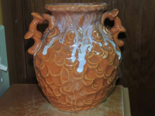 Pottery 6&quot; Vase carved thumbprint drip Brown Antique Vintage art pottery - $53.99