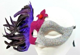 Silver and Fuchsia Mardi Gras Mask Glittered W/Purple &amp; Black Feathers H... - £14.89 GBP