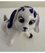 Miniature Blue &amp; White Ceramic China Dog Figurine Puppy Happy Eye Lash I... - €7,27 EUR