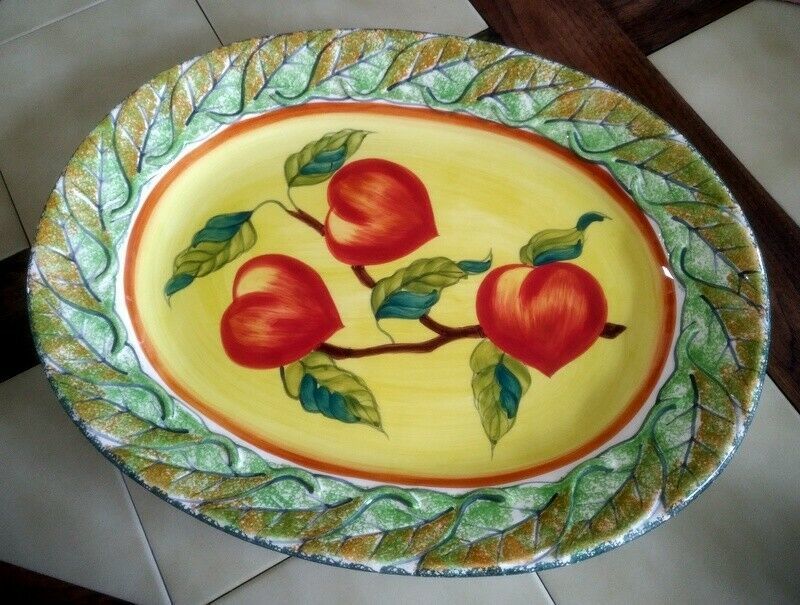 CLAY ART "Royal Peaches" Hand Painted Large Serving Tray Platter, Leaf Rim, 1998 - $19.50