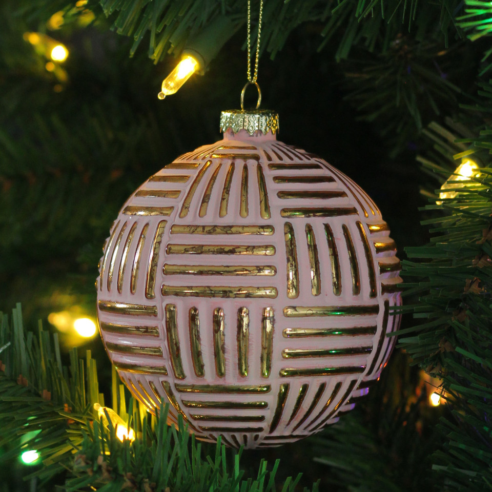 4" (100mm) Pink and Gold Striped Matte Glass Christmas Ball Ornament