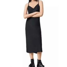 Allsaints Slip Dress Women&#39;s 00 Black Solid Knee Length V Neck Minimalist New - £88.48 GBP