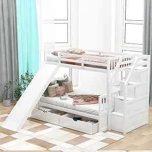 Merax Solid Wood Twin Over Full Bunk Bed with Drawers, Storage and Slide... - $1,322.99