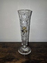 Bleikristall Leaded Crystal Diamond Cut Bud Vase Gold Rose Accent 7&quot; - $24.75