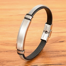 XQNI Fashion Black Leather Bracelets For Men Stainless Steel Jewelry Two-tier De - £11.97 GBP