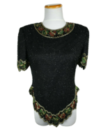 Laurence Kazar Black Silk Beaded Christmas Top Red Green Bows Scalloped PXL - $29.70