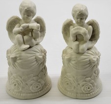 AP) Set of 2 White Porcelain Angel Cherub Playing Musical Instruments Bells - £15.58 GBP