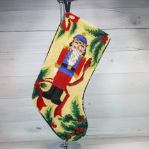 Vintage Wool Tapestry Needlepoint 18&quot; Christmas Nutcracker Stocking Green Velvet - £39.38 GBP