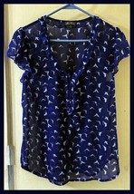 Lily Rose M Blue White Bird Blouse Ruffle Short Sleeve Semi Sheer Lightweight - $13.00