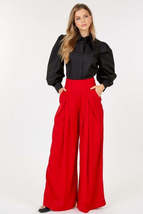 High Waist Wide Leg Red Casual Loose Fit Palazzo Long Pants with Pocket - £22.68 GBP