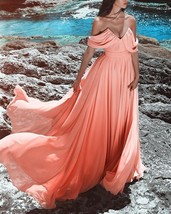 Sexy Ruched V-neck Long Chiffon Prom Dresses Off The Shoulder - £117.94 GBP