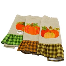 Set Of 3 Fall Pumpkin Kitchen Towels With Plaid Ruffle Hem &amp; Autumn Colors - $148.66 MXN
