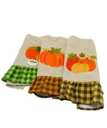 Set Of 3 Fall Pumpkin Kitchen Towels With Plaid Ruffle Hem &amp; Autumn Colors - $148.66 MXN