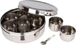 Stainless Steel Masala Spice Jar Box Dabba Kitchen Organiser With Lid Spoon Bowl - £37.12 GBP