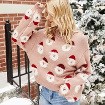 Pink knitted Christmas pullover for woman with Santa claus, Ugly Xmas sweater fo - £63.35 GBP