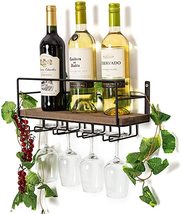 Wall Mounted Wooden Wine Rack 4 Wine Bottles and 4 Long Stem Glasses Hol... - £59.04 GBP