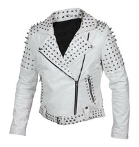 Customized Women&#39;s White Brando Style Belted Leather Silver Spike White Studded  - £207.97 GBP