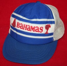 Vintage 80s BAHAMAS Sailboat Palm Tree Stripe Mesh Snapback Trucker HAT CAP - £9.34 GBP