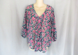 LC Lauren Conrad top blouse semi sheer Small black pink flowers elbow sl... - $12.69