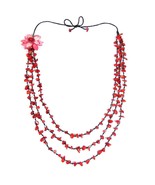 Long 3-Strand Red Shell Coral Flower Necklace - £20.01 GBP