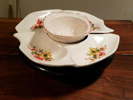 Vint California USA Pottery Beige Floral w/ Brown Speckled 4 Pc. Lazy Su... - $29.65