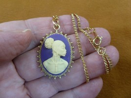 CA10-167) RARE African American LADY purple + ivory CAMEO brass pendant necklace - £21.65 GBP