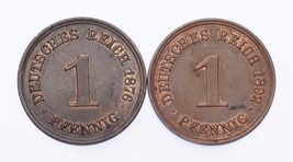 1876-A &amp; 1892-A Deutschland 1 Pfennig Menge Von 2 Münzen (Au-Unc Zustand) - £37.38 GBP
