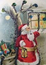 Santa Claus Father Christmas Postcard Mica Glitter Saint Nick Smoking Pipe  - £10.44 GBP