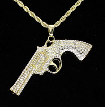 Mens Revolver Gun Pistol CZ Pendant 14k Gold Plated 24&quot; Rope Necklace Hip Hop - £8.34 GBP