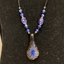 18” Venetian Glass Bead Blue bronze Glitter Teardrop Pendant Necklace - £18.99 GBP