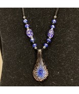 18” Venetian Glass Bead Blue bronze Glitter Teardrop Pendant Necklace - £18.55 GBP