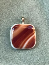 Estate Brown &amp; White Striped Fused Art Glass Rounded Square Pendant  – 1 and 1/8 - £11.08 GBP
