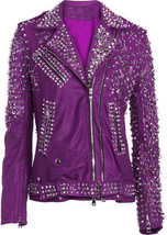 Genuine elegant pink leather jacket woman Silver heavy studded 2019 - £179.84 GBP