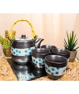 Ebros Japanese Design Cherry Petals Charcoal Grey Ceramic Tea Pot &amp; Four... - $50.37 CAD