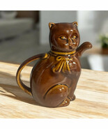 Vintage Sitting Cat Teapot Kitten Brown Glaze Paw Spout Bow Tie 7&quot; Kitty - $29.69