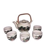 Vtg Asahi Ceramic Teapot With 5 Cups Asian Japanese Scene Gold Accents P... - $37.96