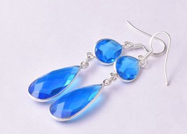 925 Sterling Silver Blue Topaz Gemstone Handmade Earrings Her Wedding Wear Gift - £30.04 GBP
