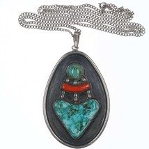 MId Century Southwestern Modernist sterling, turquoise, and coral pendant - £152.88 GBP