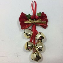 Vintage Red Bow Sleigh Bells Holly Christmas Tree Ornament Holiday Decor - £11.95 GBP