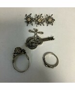 VINTAGE SILVER FILIGREE JEWELRY LOT TWO RINGS BROOCH GUITAR PENDANT - $33.85 CAD