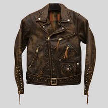 Vintage Brown Studded Leather Biker Jacket – Distressed Motorcycle Style... - $219.95