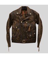 Vintage Brown Studded Leather Biker Jacket – Distressed Motorcycle Style... - $219.95