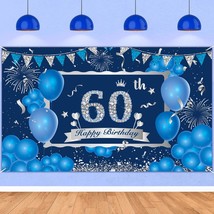 Blue 60Th Birthday Decoration Banner For Men Women, Navy Blue Silver Hap... - £16.46 GBP