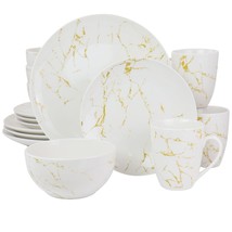 Elama Fine Marble 16 Piece Stoneware Dinnerware Set in Gold and White - $145.49