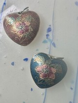 2 Heart Shaped Cloisonne pendants Double Sided with floral flower designs - $709.59 MXN