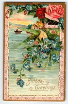 Birthday Greetings Postcard Rustic Cottage Boat Lake Blue Flowers Roses ... - £10.57 GBP